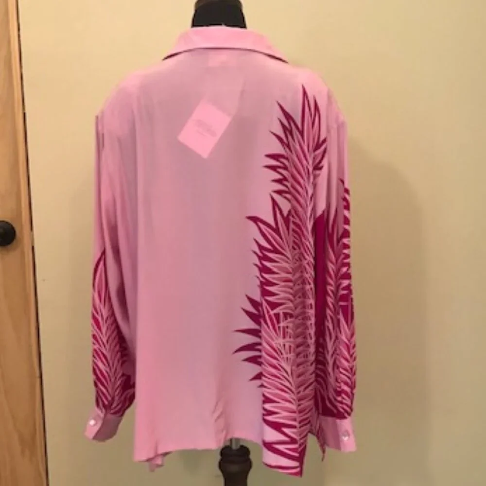 NWT Vintage Bob Mackie 100% Silk Wearable Art Pink Palms Blouse Shirt Size XL - Picture 2 of 12